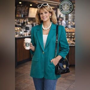 Vintage 80s Teal Toni Marie Blazer | Shoulder Pads | Gold Buttons